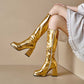 Metallic Microfiber Leather Square Toe Block Heel Knee High Boots