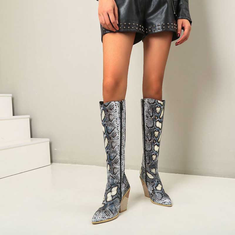 Women Knee High Boots Vintage Western Cowboy Boots Wedged-heel Knight Boots