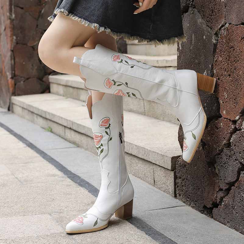US4.5-US13 Women's Embroidered Cowgirl Boots Knee Length Country Theme Boots in white,black,brown color
