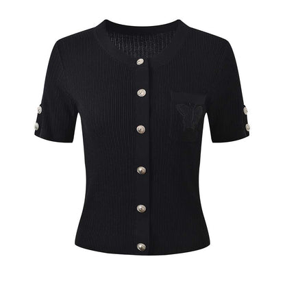 Women Knit Cardigan O-Neckline Cropped Top Short Sleeve Knitted Slim Coat