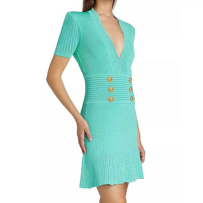 Button-embellished Flared Knit Mini Dress