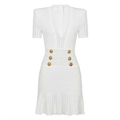 Button-embellished Flared Knit Mini Dress
