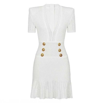 Button-embellished Flared Knit Mini Dress