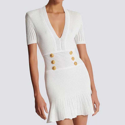 Button-embellished Flared Knit Mini Dress