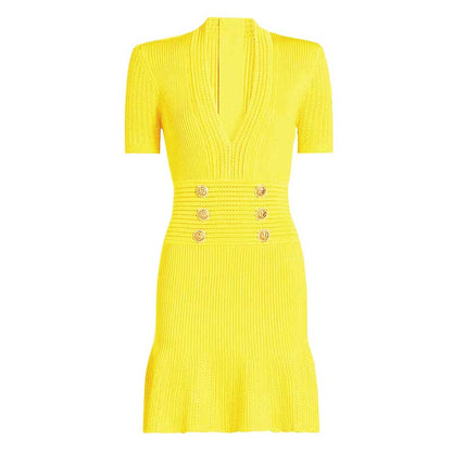 Button-embellished Flared Knit Mini Dress
