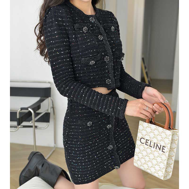 Women Black Skirt Suit Knitwear Cardigan Top Skirt Suit