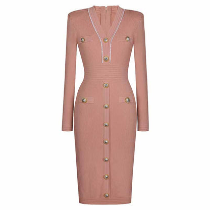 Women's Knitted Midi Dress With Sleeves Bodycon Cocktail Dress