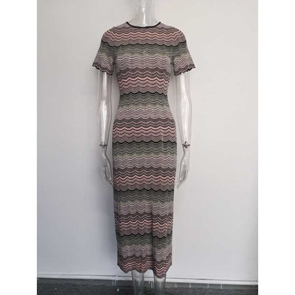 Women's Midi Stripe Dress Round-Neck Short Sleeves Knitted Body-con Dress