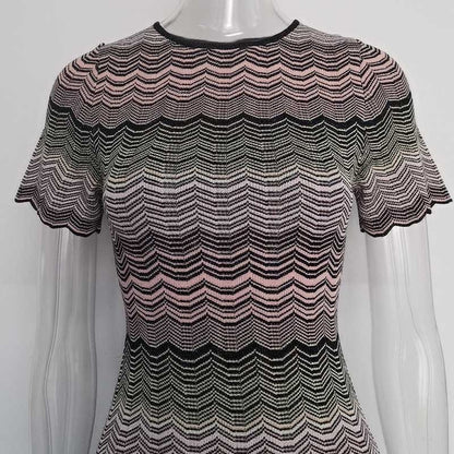 Women's Midi Stripe Dress Round-Neck Short Sleeves Knitted Body-con Dress
