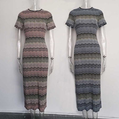 Women's Midi Stripe Dress Round-Neck Short Sleeves Knitted Body-con Dress