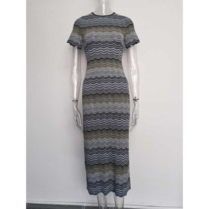 Women's Midi Stripe Dress Round-Neck Short Sleeves Knitted Body-con Dress