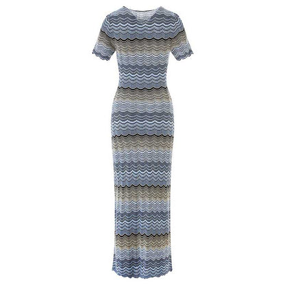 Women's Midi Stripe Dress Round-Neck Short Sleeves Knitted Body-con Dress