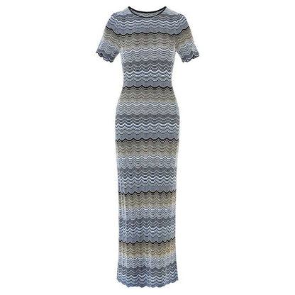 Women's Midi Stripe Dress Round-Neck Short Sleeves Knitted Body-con Dress