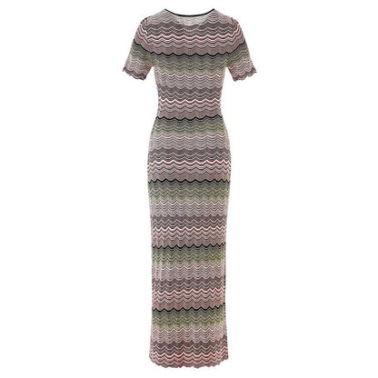 Women's Midi Stripe Dress Round-Neck Short Sleeves Knitted Body-con Dress