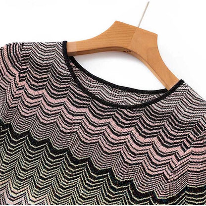 Women's Midi Stripe Dress Round-Neck Short Sleeves Knitted Body-con Dress