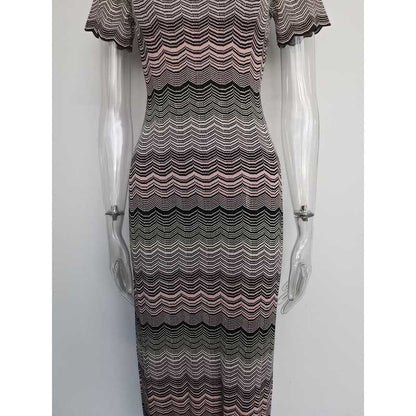 Women's Midi Stripe Dress Round-Neck Short Sleeves Knitted Body-con Dress