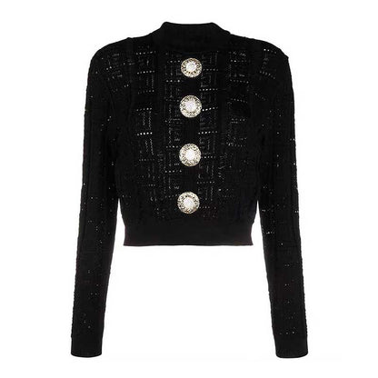 Button Detail Long Sleeves Knitted Crop Top