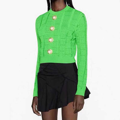 Button Detail Long Sleeves Knitted Crop Top