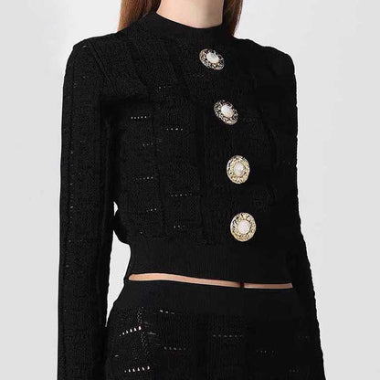 Button Detail Long Sleeves Knitted Crop Top
