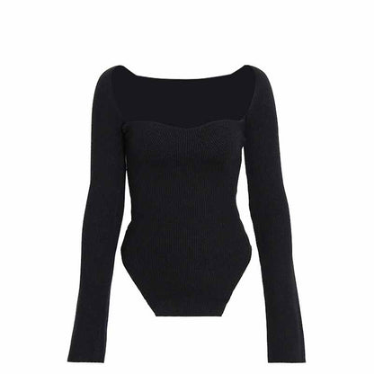 Square Neck Rib Long Sleeve Slim Fitted Tops
