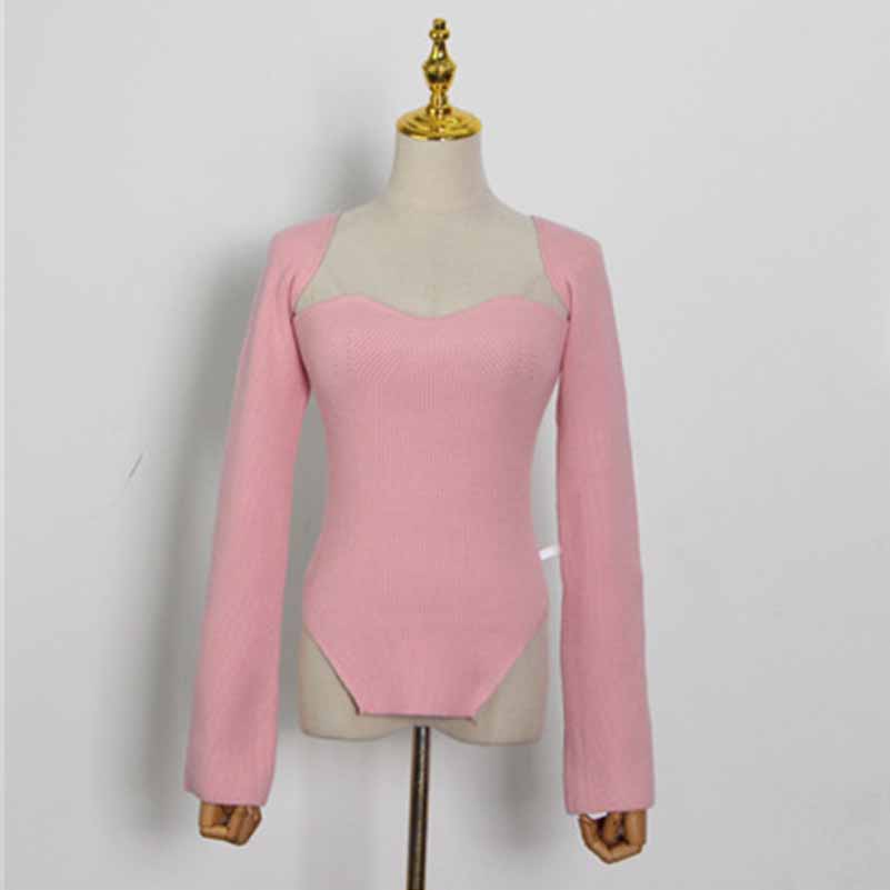 Square Neck Rib Long Sleeve Slim Fitted Tops