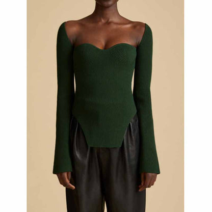 Square Neck Rib Long Sleeve Slim Fitted Tops