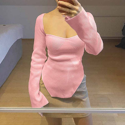 Square Neck Rib Long Sleeve Slim Fitted Tops