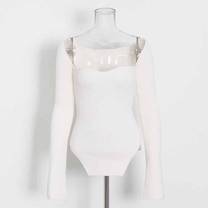 Square Neck Rib Long Sleeve Slim Fitted Tops