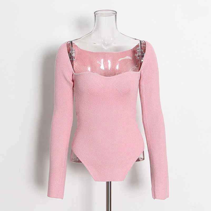 Square Neck Rib Long Sleeve Slim Fitted Tops