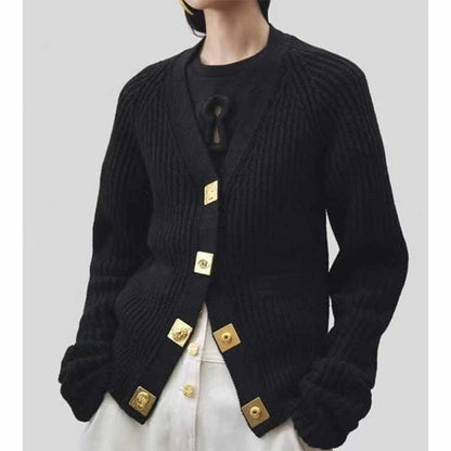 Women's V Neck Knitted Cardigan with Gold Buttons – Cozy Fashion Knit Top