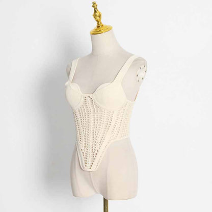 Sweetheart Neck Suspender Strap Crochet Knit Corset Crop Top