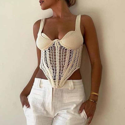 Sweetheart Neck Suspender Strap Crochet Knit Corset Crop Top