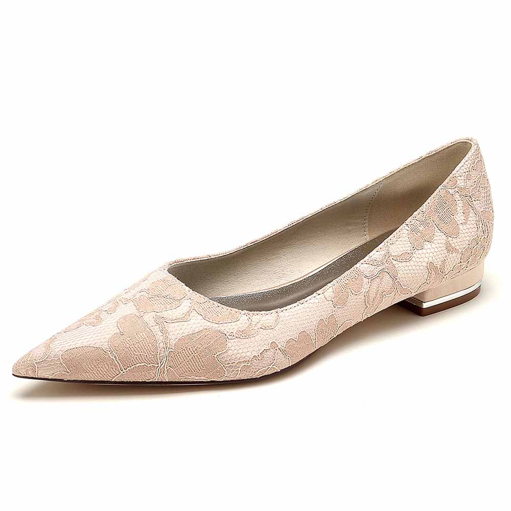 Elegant lace bridal flats for wedding featuring a delicate floral design and pointed toe