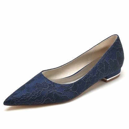Elegant lace bridal flats for wedding in navy blue with detailed floral design