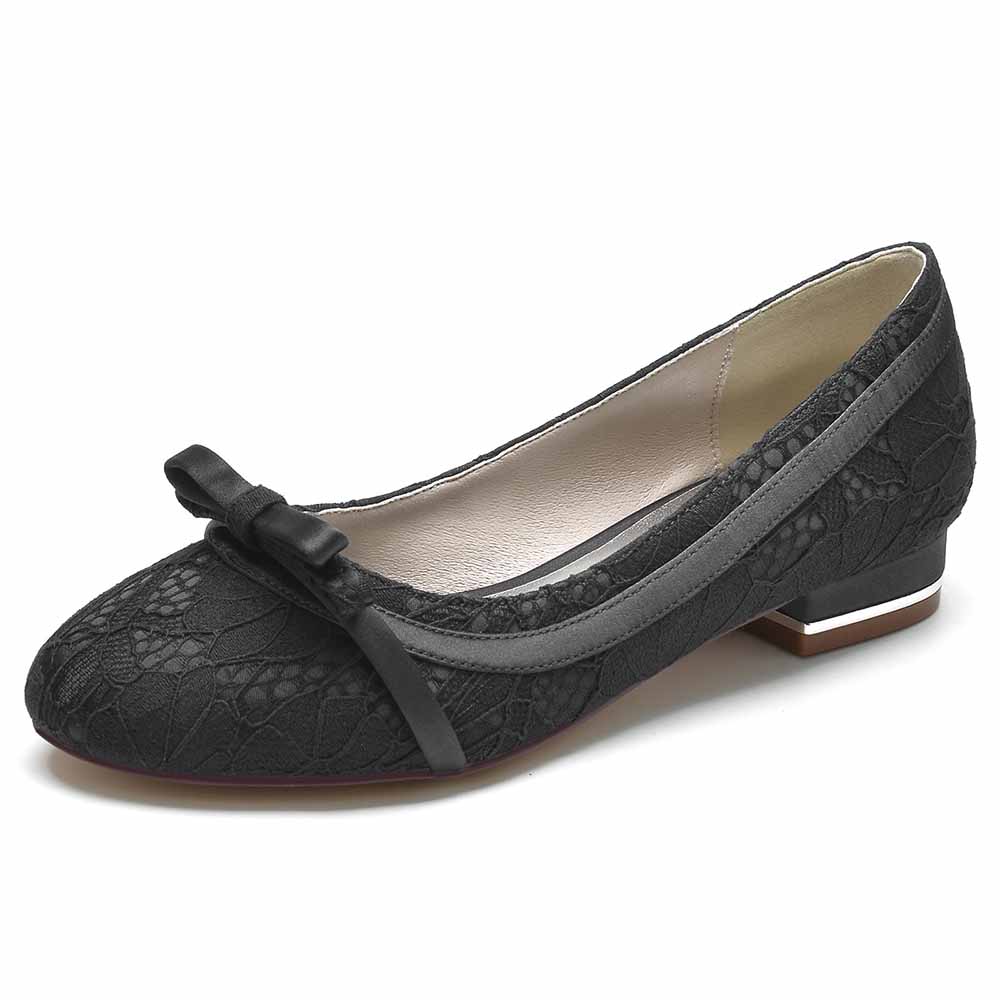 Lace bridal flats with bow in black featuring delicate lace detailing and low heels