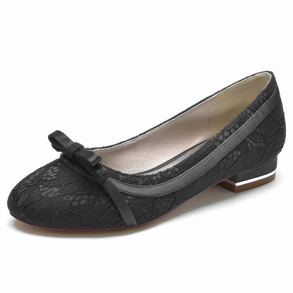 Lace bridal flats with bow in black featuring delicate lace detailing and low heels