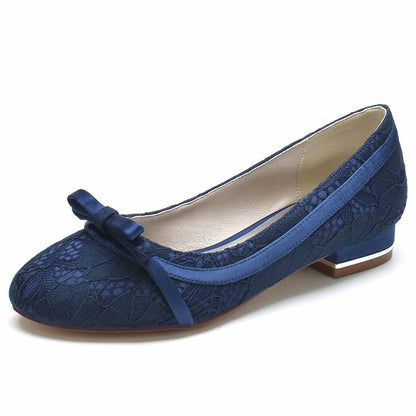 Navy lace bridal flats with bow, featuring elegant lace details and a comfortable low heel