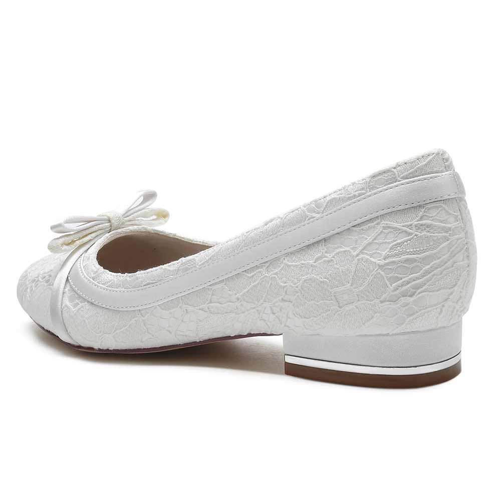 Elegant lace bridal flats with bow featuring a stylish low heel for comfortable wedding wear