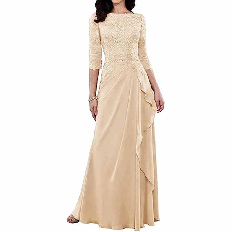 Elegant lace bridesmaid dress with sleeves in beige featuring a ruffled design and flattering silhouette