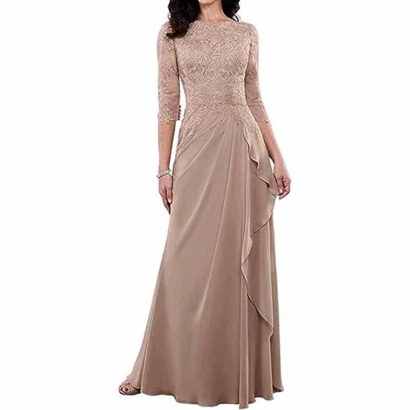 Elegant lace bridesmaid dress with sleeves in taupe featuring intricate lace detailing and flowing skirt