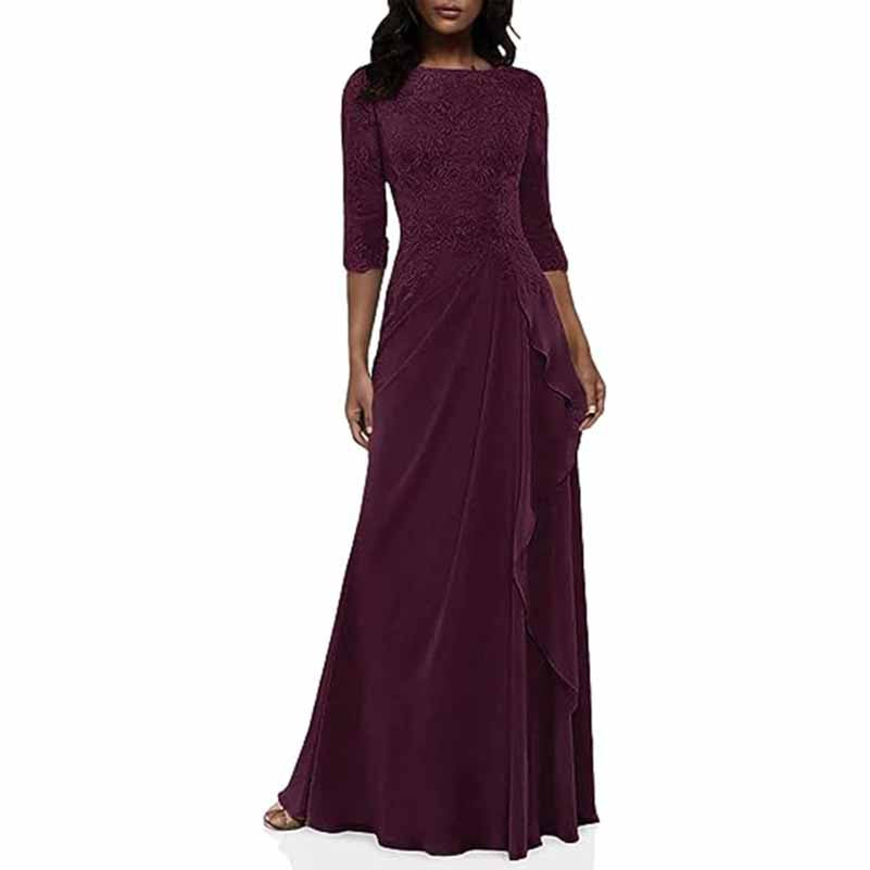 Elegant lace bridesmaid dress with sleeves in rich burgundy featuring a flowing silhouette