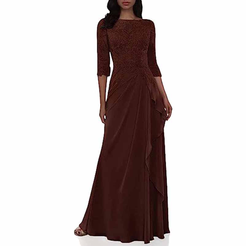 Elegant lace bridesmaid dress with sleeves in burgundy featuring a flattering wrap design