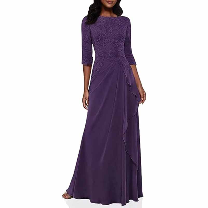 Elegant lace bridesmaid dress with sleeves in deep purple featuring a ruffled skirt design