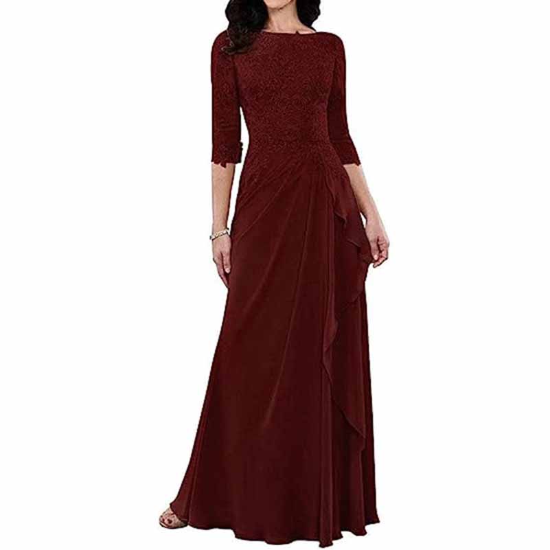 Elegant lace bridesmaid dress with sleeves in burgundy featuring a flowing skirt and fitted bodice