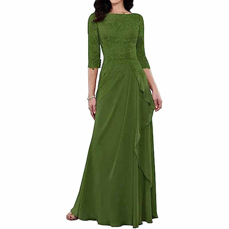 Elegant green lace bridesmaid dress with sleeves and a flowy ruffled skirt