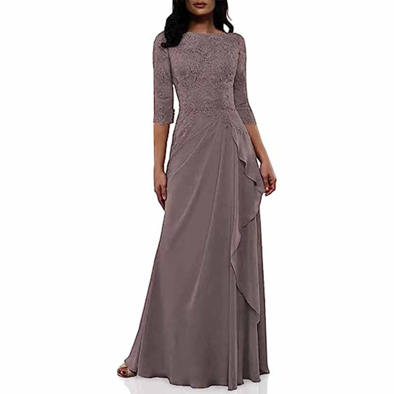 Elegant lace bridesmaid dress with sleeves in mauve featuring a flattering ruffle design