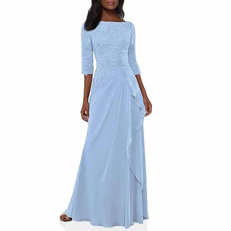 Elegant lace bridesmaid dress with sleeves in light blue featuring a flowing skirt and flattering silhouette