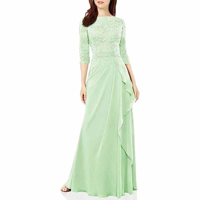 Elegant lace bridesmaid dress with sleeves in pastel green, perfect for spring weddings