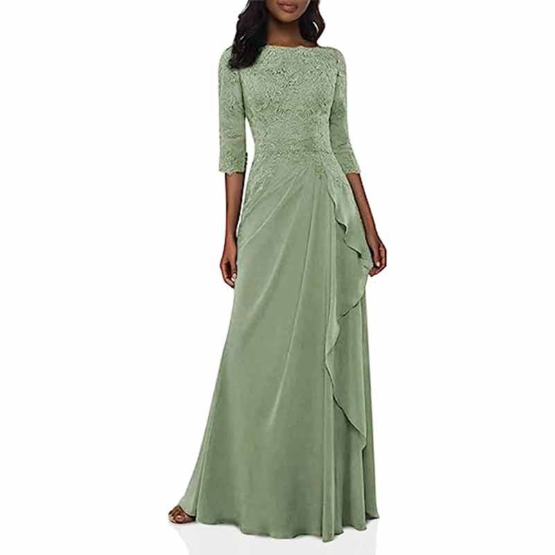 Elegant lace bridesmaid dress with sleeves in soft green, featuring a flattering ruffle detail.