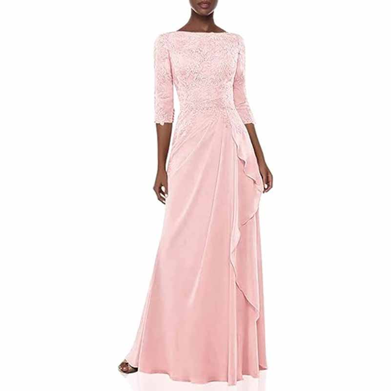 Elegant lace bridesmaid dress with sleeves in soft pink featuring a flowing skirt and intricate details